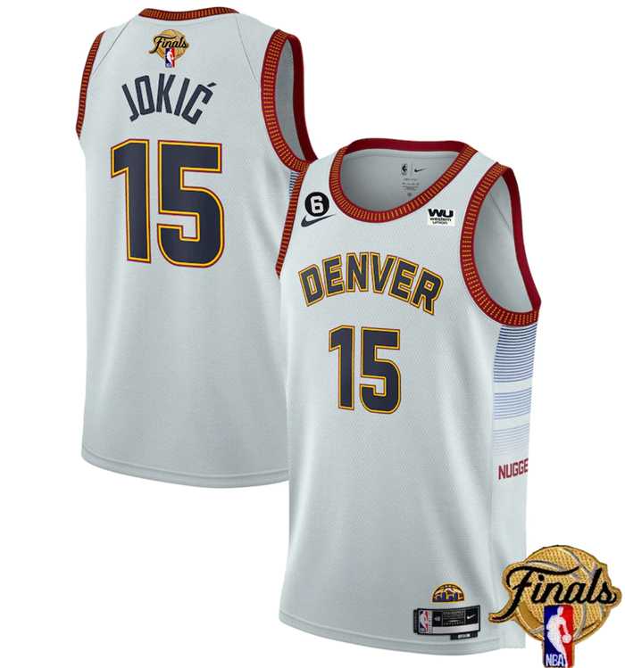 Mens Denver Nuggets #15 Nikola Jokic White 2023 Finals Icon Edition With NO.6 Patch Stitched Basketball Jersey Dzhi